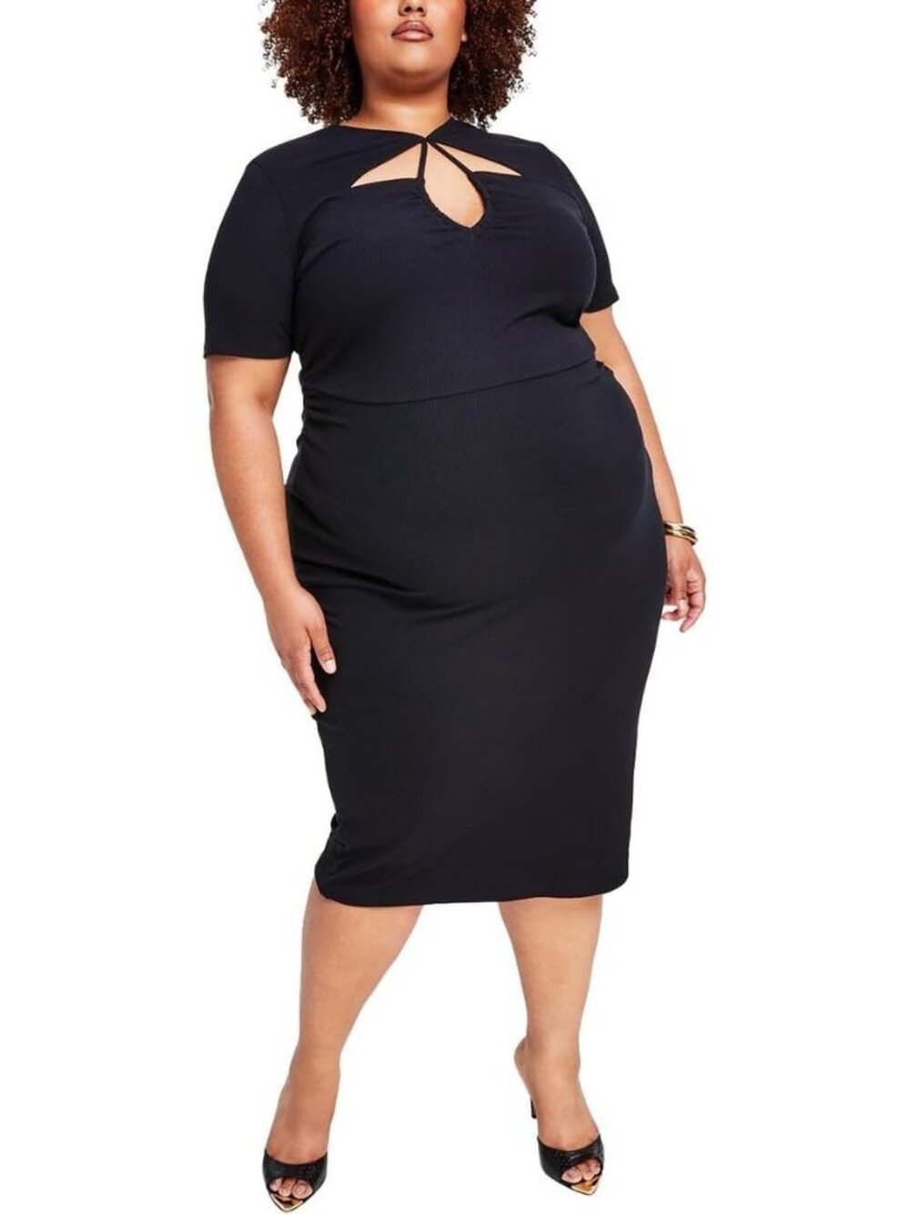 Nina Parker Midi Dress 4X Plus Black Ribbed Knit Keyhole Cutout Bodycon Glam LBD